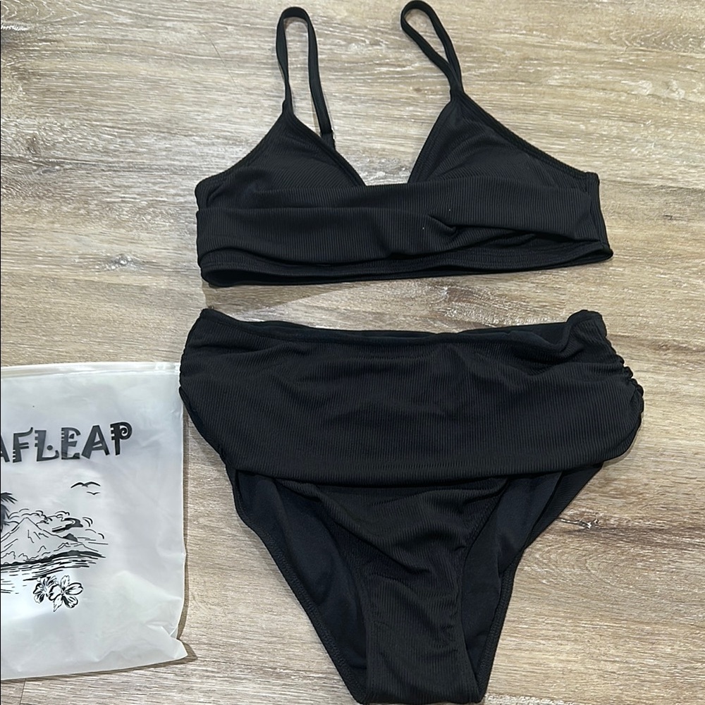 Women's Black Bikini Set - ribbed high waisted - tummy control